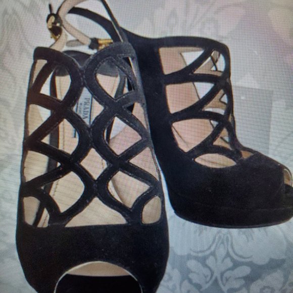 Prada Black Suede Peep-Toe Platform Heels | Ankle Strap Sandals - Picture 3 of 8